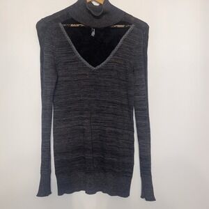 Free People‎ Ribbed Knit Cutout Choker Neck Sweater Top Gray Metallic Size M